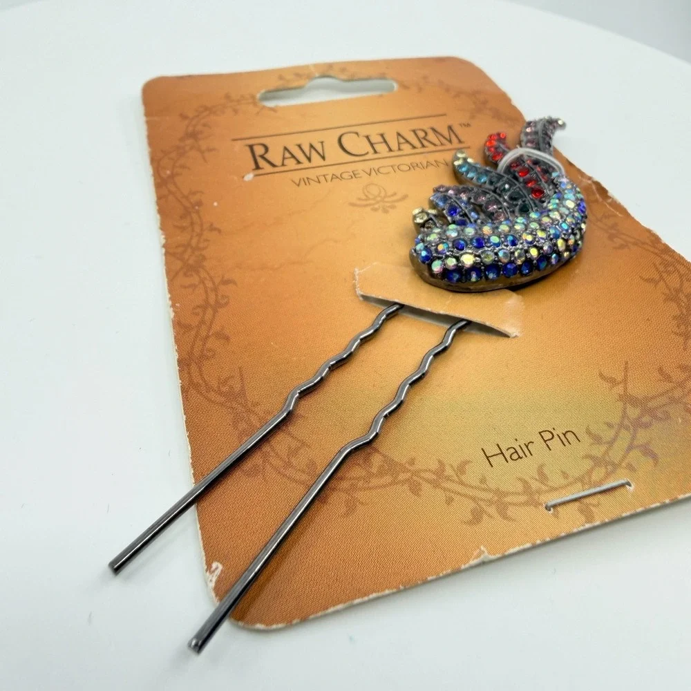 Vintage Raw Charm Victorian Multicolor Rhinestone Wing Hair Pin Gunmetal Tone